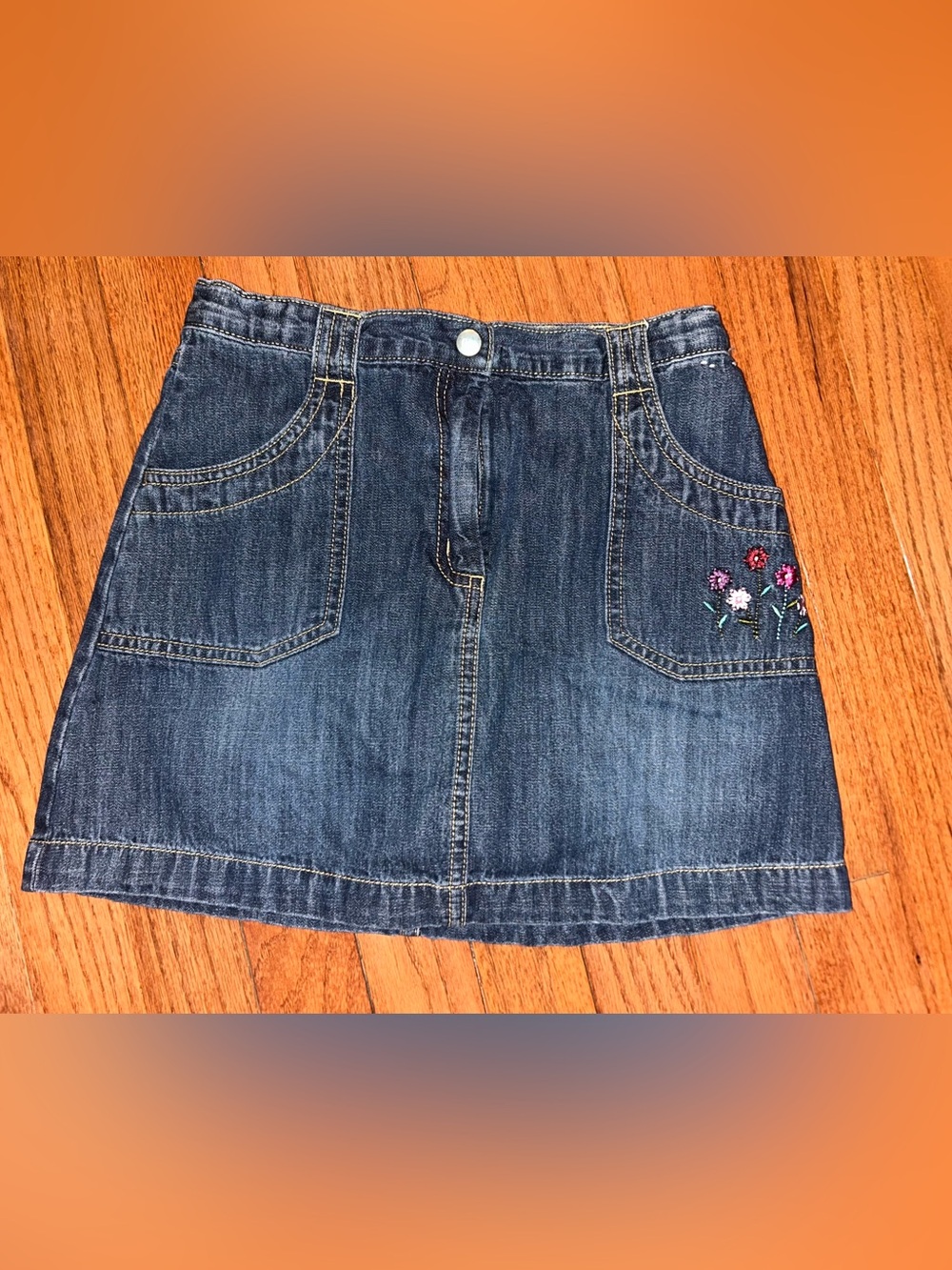 Gymboree Dark Blue Denim Skort with Pink & White Floral Embroidery, Size 9